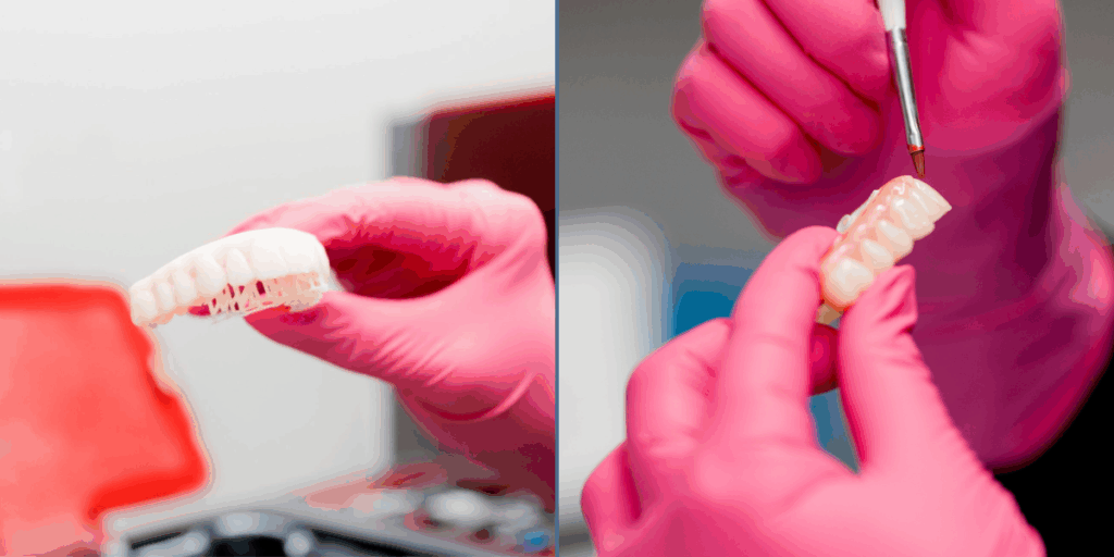A side-by-side comparison of the All-on-4 dental implant process: the left side shows a detailed 3D digital jaw model used for surgical planning, while the right side shows a clinician in pink gloves holding the finished custom-designed full-arch prosthetic.